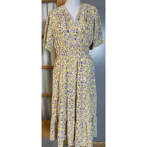 Meloday Tiered Floral Midi Dress Sz M Yellow Purple Pleated Boho Cottagecore